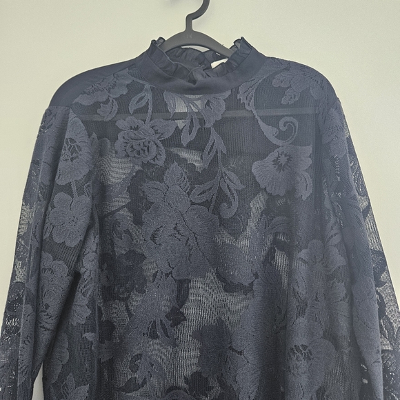 See By Chloe Navy Blue Lace High Neck Long Sleeve Ruffled Blouse - Picture 2 of 11